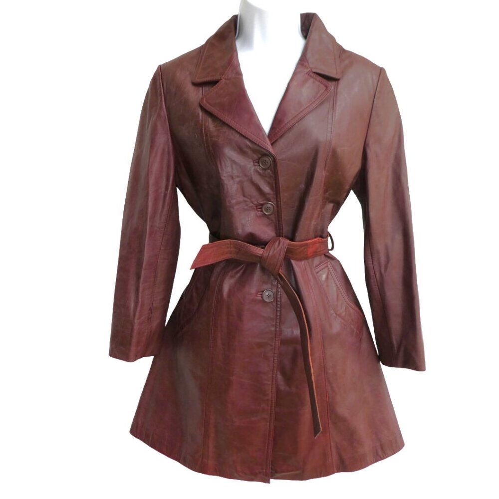 Vintage 70s Leather Coat Burgundy Belt Notch Lapel Deep Pockets Buttons Lined 10